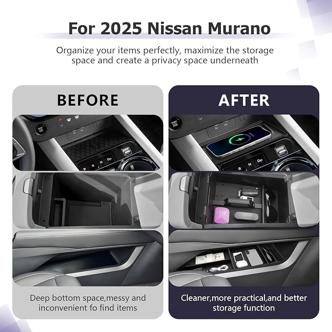 LUWU Center Console Organizer for 2025 2026 Nissan Murano SL/SV/Platinum Accessories Armrest Storage Box, Lower Console Organizers, Wireless Charging Protective Mat Murano 2026 Accessories 4-Pack