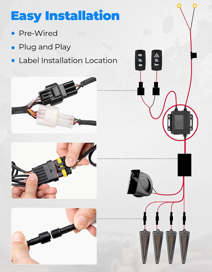 KEMIMOTO UTV Triangle Turn Signal Kit with Rocker Switch and 110 dB Horn | Pre-Wired, Plug and Play, Universal Street Legal Kit, Compatible with Polaris, Can-Am, Kawasaki, CFMOTO