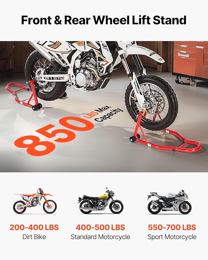 VEVOR Motorcycle Stand Lift, 850lbs Capacity Front Rear Combo Stand Lift, Front Wheel Dual-Fork Stand, Rear U+L Fork Swingarm Spool Stand, for Most Yamaha Honda Kawasaki Suzuki Motorcycles, Red