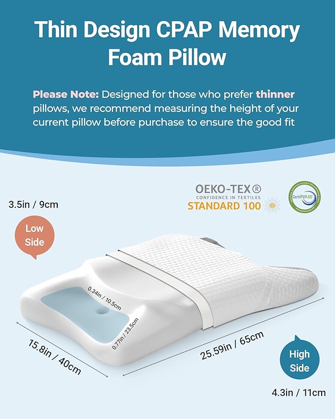 Elviros CPAP Pillow for Side Sleeping, HSA/FSA Sleep Apnea Memory Foam Pillow for All CPAP Masks Users to Reduce Air Leaks & Masks Pressure, Adjustable Height with Cooling Breathable Cover