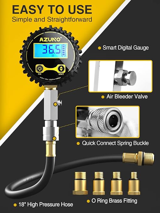 AZUNO Compression Tester Automotive, Digital Compression Gauge 200 PSI for Petrol Engine Cylinder Compression Tester Kit with Adapter & Hose