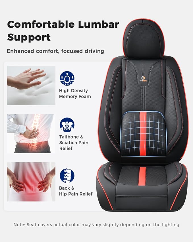 Huidasource Seat Covers Luxury Nappa Leather, Car Seat Cover with Velcro Adjustable, Airbag, Lumbar Support, Cooling and Heating, Seat Covers Full Set Universal Fit for Most Cars SUV Trucks, Black&Red