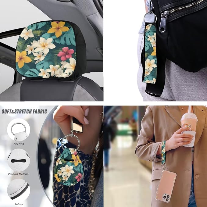 Plumeria 13 Pcs Car Seat Covers Full Set, Tropical Monstera Auto Front and Rear Bench Seat Protector, Hawaii Island Plants Steering Wheel Sleeve Auto Armrest Cover