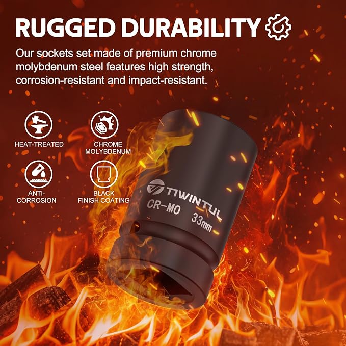 33mm Impact Socket 1" Drive, Deep 6 Point Design, CR-MO, ANSI Certified, Heavy Duty 33mm Socket 1 Inch Drive for Truck, Bus, Trailer & Farm Machinery Maintenance
