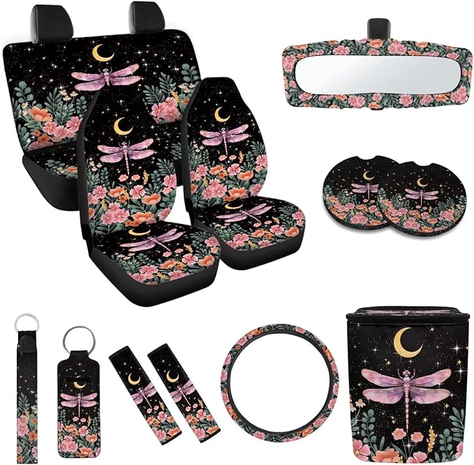 Dragonfly Print Car Seat Covers Full Set with Steering Wheel Cover Auto Seat Belt Cover Car Trash Can Car Rear View Mirror Cover Car Coasters Chapstick Holder，12 Pieces
