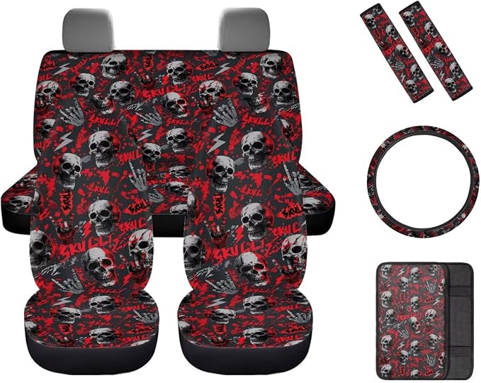 Halloween Skull Print Car Interior Accessories Set of 8, Car Seat Cover Full Set with Steering Wheel Cover, Center Console Pad, Seat Belt Pads, Universal Fit Cars SUVs Trucks