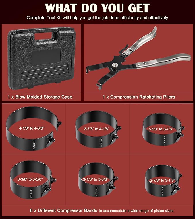 Bonbo 940387 Piston Ring Compressor Tool Set Perfect for Car Diesel Engines, Including Vehicle Maintenance Clamps, Ratchet Pliers, Storage Case