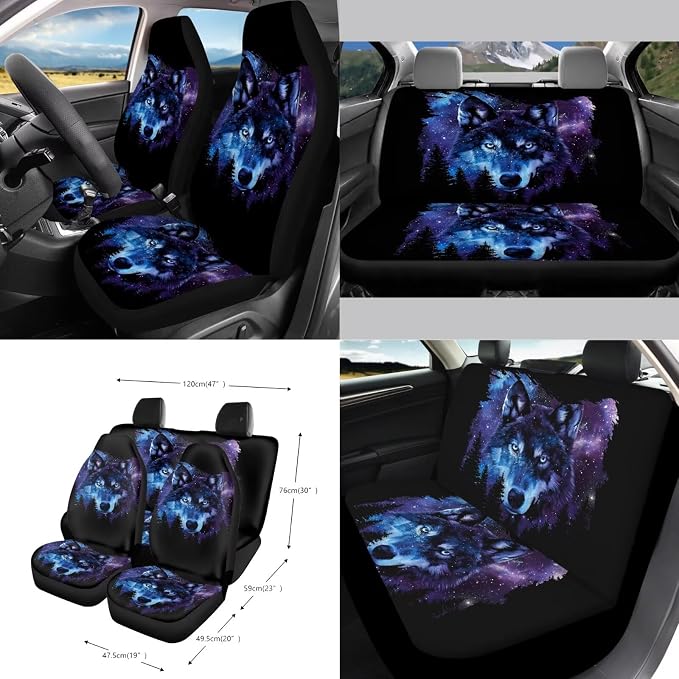 3D Galaxy Wolf Printed 15 Pack Car Seat Cover Set with Steering Wheel Seat Belt Strap Rearview Mirror Cover Garbage Cans Air Vent Pouch Coasters Keychain Universal Fit for SUV Sedans