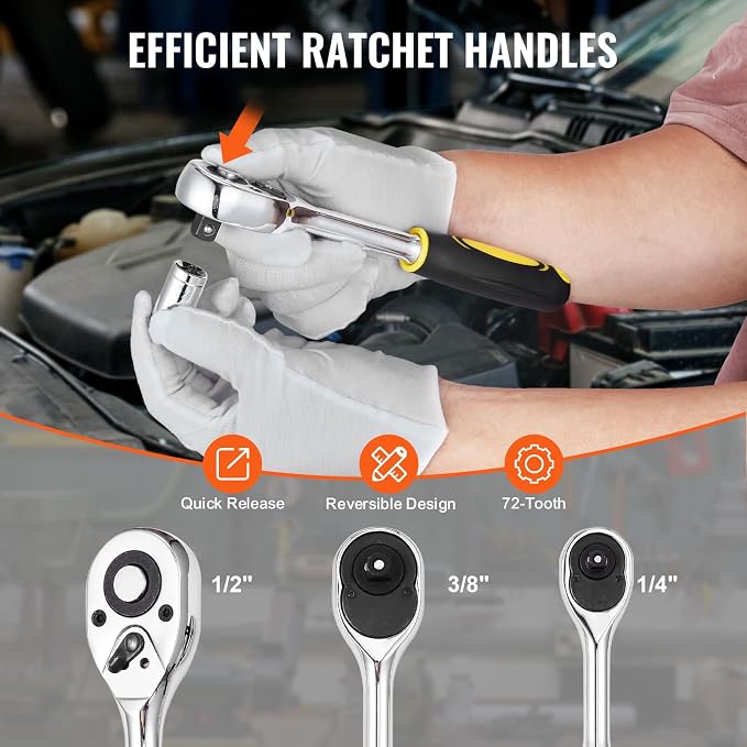 VEVOR Mechanics Tool Set 207 Pieces 1/4" 3/8" 1/2" Drive Sockets -SAE and Metric Mechanic Tool Kit with Bits - Wrenches, Ratchet Handle, Accessories, and Plastic Storage Case - for Automotive Repair