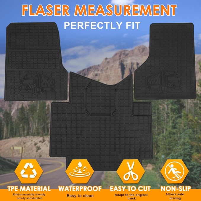 Floor Mats Fit for Freightliner Cascadia 2008-2017 | Heavy Duty Truck Floor Liners | All-Weather Rubber Cargo Mats | Freightliner Cascadia Interior Accessories | 3-Pcs Set