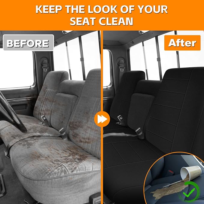 Truck Seat Cover Compatible with 1987-1991 Ford F150 Front Bench with Opening Armrest and Molded Headrest, Black