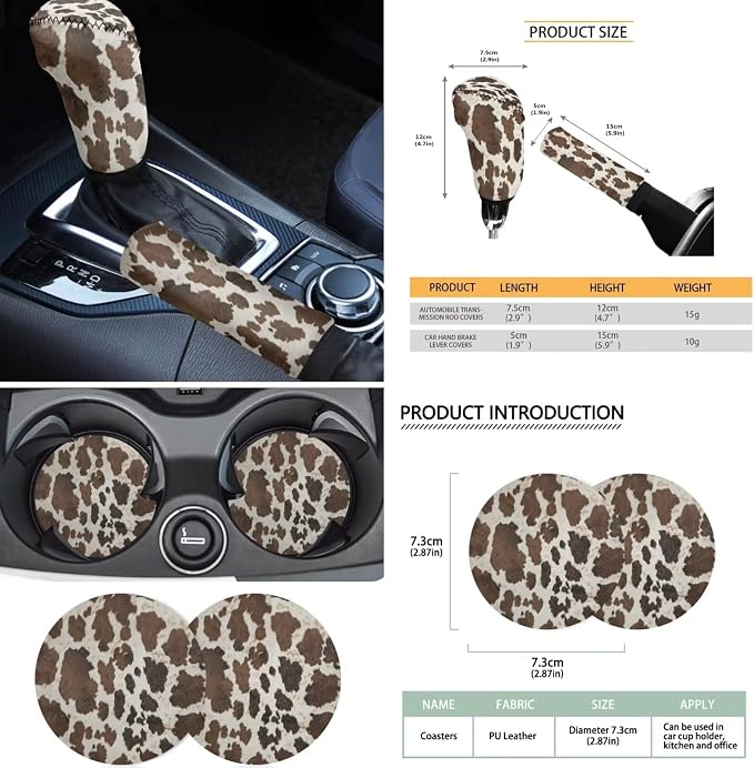 Brown Cow Print Car Seat Covers Full Set Steering Wheel Cover Set of 18 Universal Handbrake Cover,Center Console Cushion,Headrest Protector,Seat Belt Pad,Cup Holder Coaster and Keychain