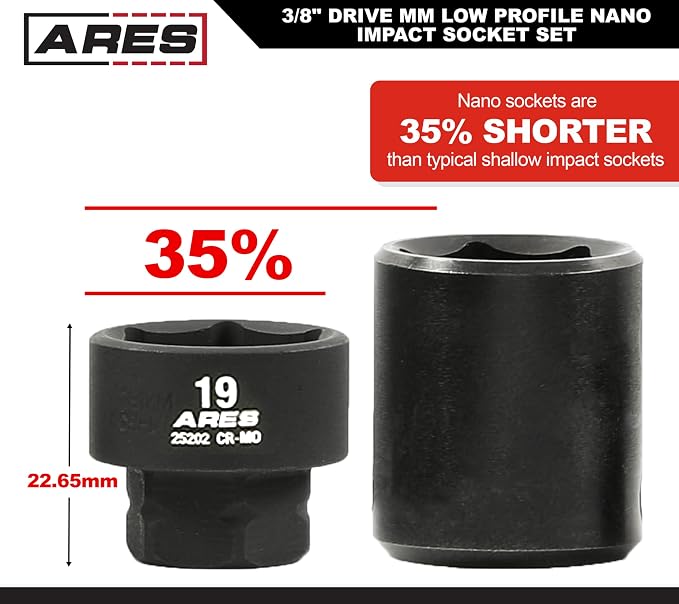ARES 29018 – 14-Piece 3/8-Inch Drive Metric Low Profile Nano Impact Socket Set – Impact Grade Sockets Offer Greater Clearance Than Typical Shallow Sockets – Includes Aluminum Storage Rail