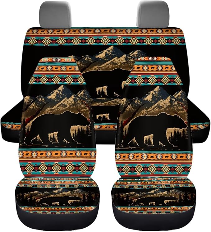 Dreaweet Mountain Bear Aztec Car Seat Covers Full Set 12 Pcs Southwestern Car Accessories Seat Covers with Steering Wheel Cover/Arm Rest Pads/Seat Belt Pads/Coasters/Gear Shift Cover/Handbrake Cover