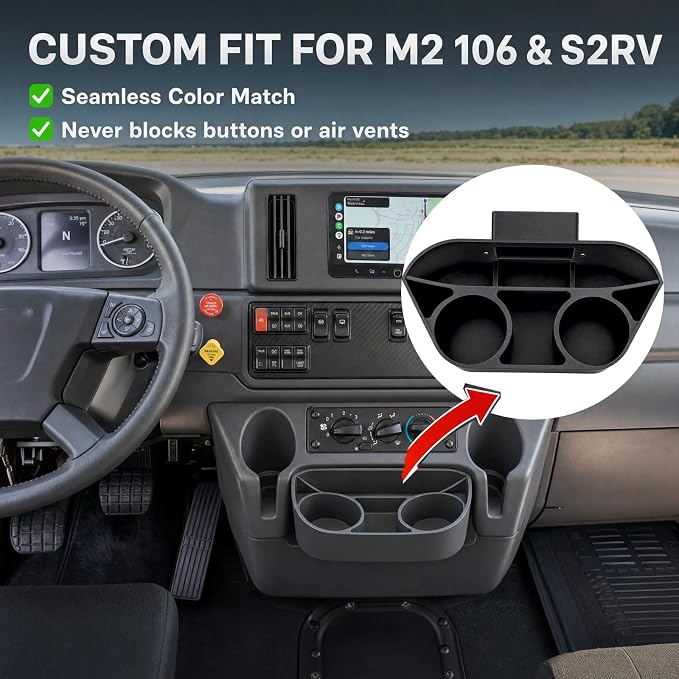 Center Console Organizer Tray for Freightliner M2 106 & S2RV Accessories | RV Dashboard Extension Tray with Dual Cup Holders & Gadget Storage, Easy-Clean Cab Organizer (Fits Factory Ashtray Slot)
