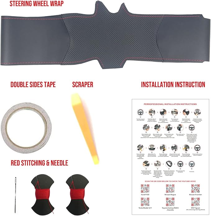 Hand-Stitched Steering Wheel Wrap for 11th Gen Honda Civic 2022 Interior Steering Wheel Protection Skin Cover Accessories (Black Leather)