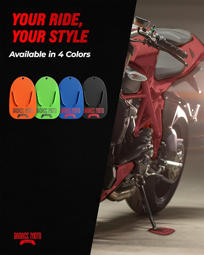 Badass Moto Motorcycle Kickstand Pad - Kick Stand Puck, Coaster Plate for Harley Davidson, Touring & Sport Bikes - Motorcycle Accessories for Grass, Dirt, Hot Pavement Parking Pad - Red(4-Pack)