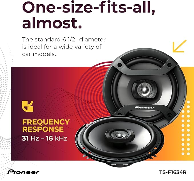 PIONEER F-Series TS-F1634R 6.5” 2-Way Speakers (Pair) – 200W Max, Balanced Sound + Smooth Treble, Great Stock Replacement, High-Efficiency Speaker Designed for OEM Power