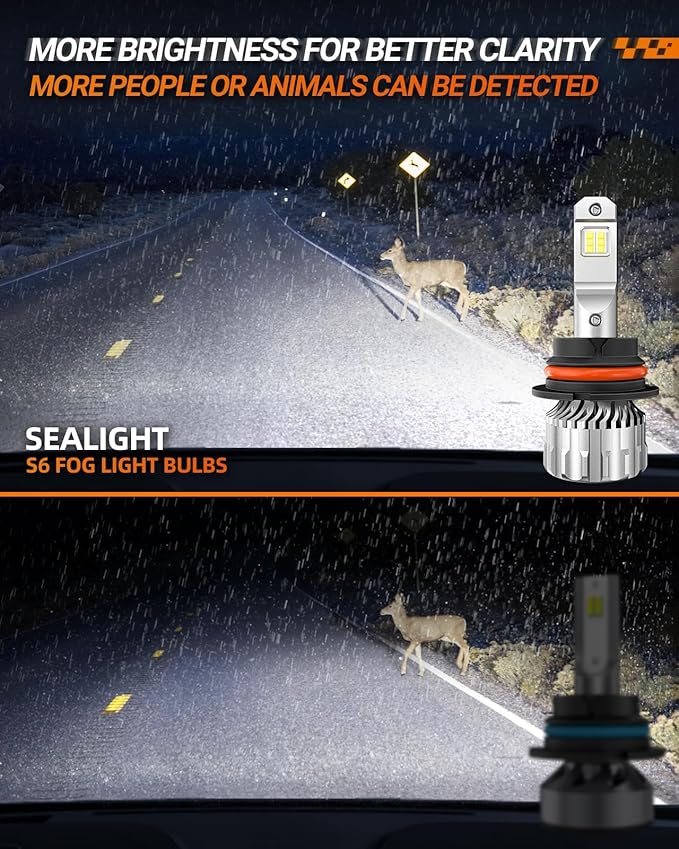 SEALIGHT 9004 Bulbs 38000LM Brighter, 6500K Xeon White S6 9004 Fog bulbs, 60000+ Ultra-long Life HB1 Dual Bulbs with Fan, 5 Min Plug-N-Play, Marker Light Assemblies, Pack of 2