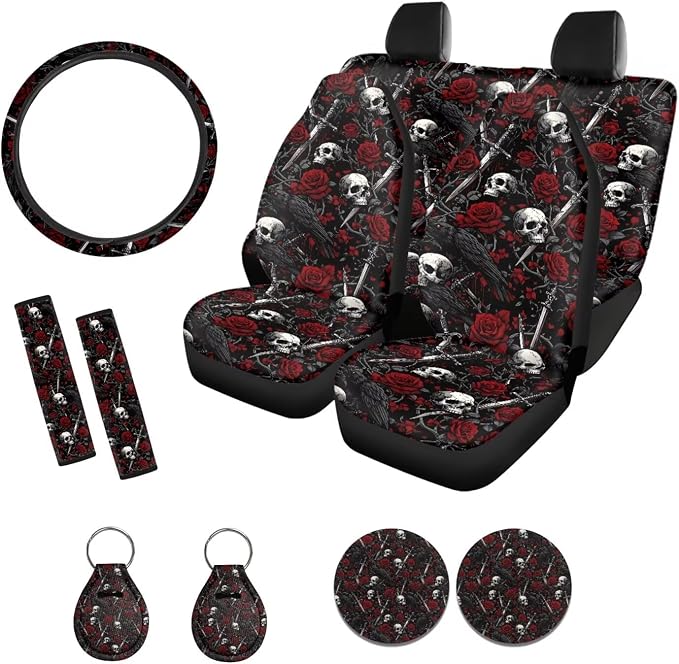 Xoenoiee Skull Crow Red Roses Print Car Seat Covers and Accessories, Front Rear Seat Covers, Steering Wheel Cover, Seat Belt Pads, Coasters, Keychains for Car SUV Decor, 11 PCS Set