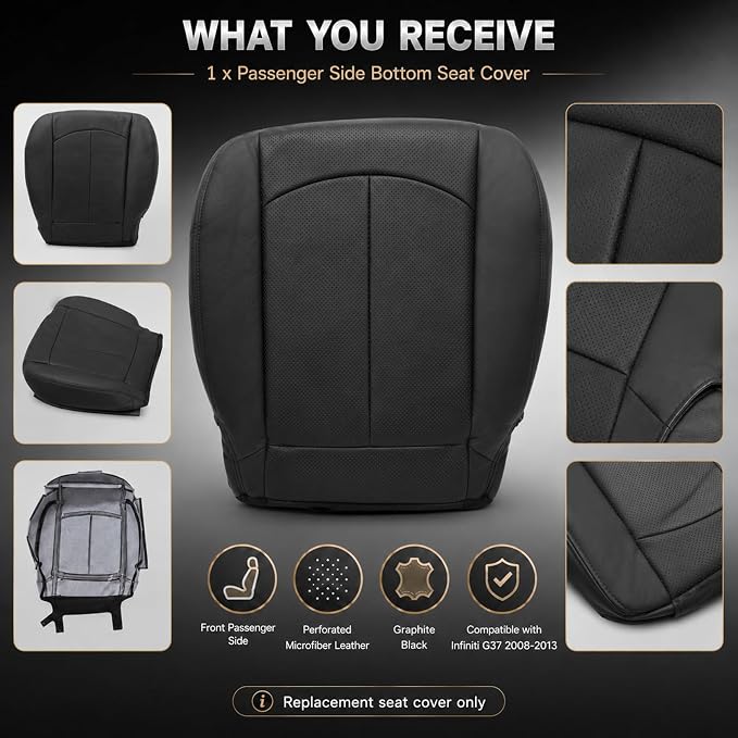 FZJDSD 2PCS Graphite Black Driver & Passenger Side Bottom Perforated Microfiber Leather Replacement Seat Covers Compatible with Infiniti G37 Sedan Coupe 2008-2013 Heated Seat Compatible