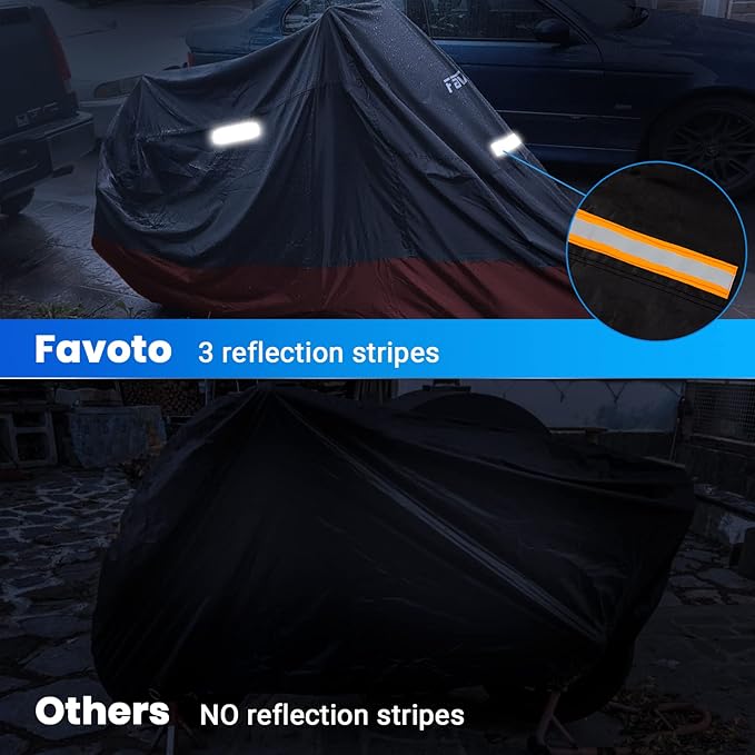 Favoto Motorcycle Cover All Season - Universal Weather Quality Waterproof Sun Rain Outdoor Protection Night Reflective with Lock-Holes & Storage Bag Fits up to 86.6" Motorcycles Vehicle Cover