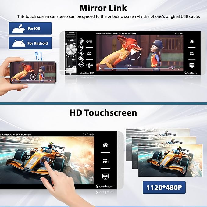 Inefala 5.1" Touchscreen Single Din Radio Carplay Android Auto Car Stereo with Bluetooth Car Audio Receiver FM EQ SWC TF AUX USB with Backup Camera