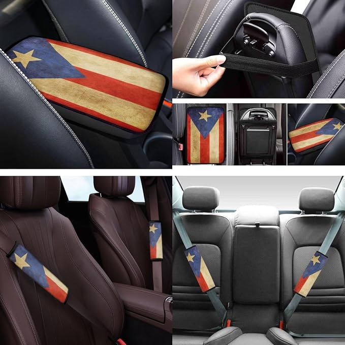 Vintage Puerto Rico 12 Pack Car Seat Covers Full Set with Auto Seat Belt Cover Car Armrest Cushion Cars Cup Coasters Steering Wheel Cover Universal Fit Most Cars SUV