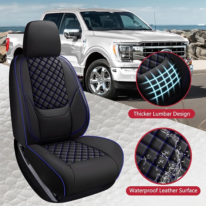 F150 Seat Covers 2015-2026 Full Set, Truck Interior Sets with Lumbar Support Custom Fit for Ford F150 2015-2026, F250/F350/F450 2017-2026 Super Duty Crew Cab XLT XL Lariat Platinum, BlackBlue