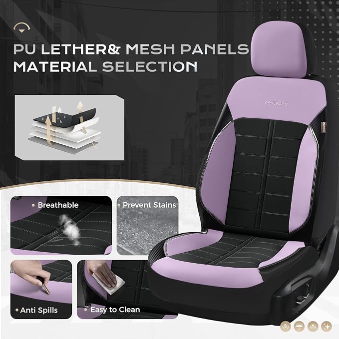 Coverado Car Seat Covers Full Set Leather Full Coverage Waterproof Seat Cover Car Seat Protector Cushion Universal Fit for Most Cars SUV Trucks, Purple&Black