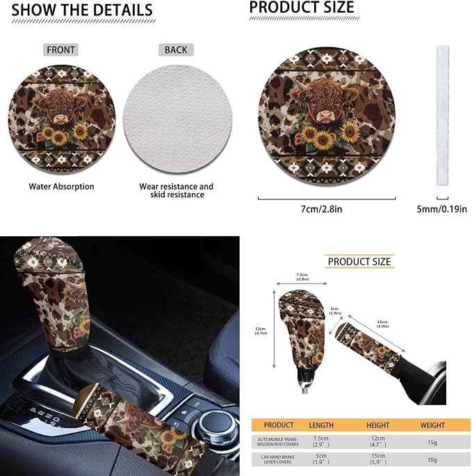 Dreaweet Aztec Brown Cow Print Car Seat Covers Full Set Cute Sunflower Highland Cow Car Accessories,Car Steering Wheel Cover Armrest Cover Seat Belt Pads Cup Holders Gear Shift Cover Handbrake Cover