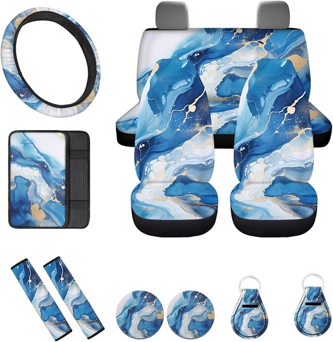 12 Pcs Blue Marble Automotive Seat Cover Interior Set with Marble Steering Wheel Cover Elastic,Cup Holder Coaster,Car Keychain,Seat Belt Cushion,Armrest Pad Universal Fit Cars