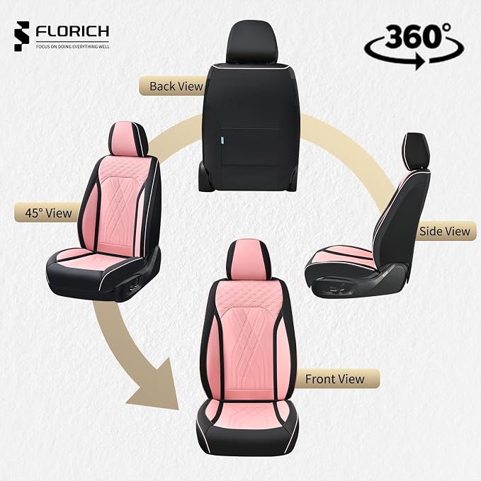 FLORICH Automotive Seat Covers Leather Pink Seat Covers for Cars Front Seats Waterproof Breathable Car Seat Cushion Comfort Interior Covers Universal Fit for Most Car Truck SUV Driving, Black&Pink