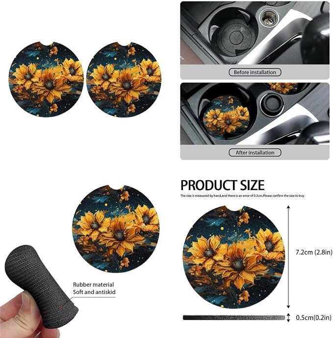 Sunflower Car Seat Cover Set 13 Pcs, Oil Painting Art Seat Belt Strap Pads Cup Coasters Armrest Pad, Watercolor Flower Vehicle Headrest Cover Steer Wheel Covers