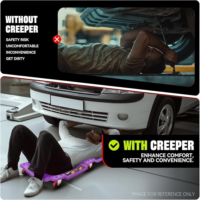 Auto Dynasty 36 Inches Mechanic Creeper, Automotive Garage Repair Low Profile Under Car Rolling Creeper with Padded Headrest, Plastic, Purple
