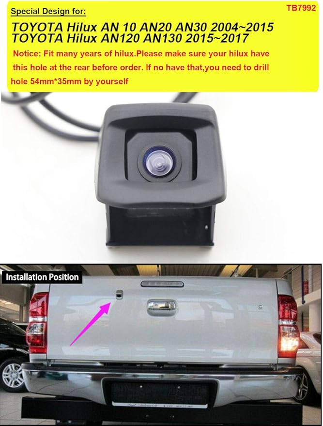 1280x720 Pixels 1000 TV Super HD Car HD Vehicle Backup Camera Night Vision IP68 Waterproof Rear View Reserved Hole Parking Camera, Replacement for Toyota Hilux AN10 AN20 AN30/ AN120 AN130