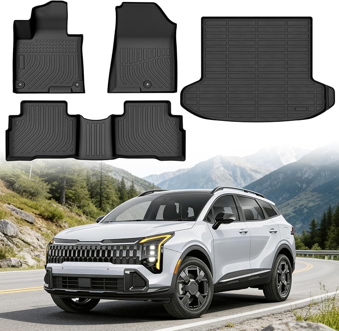 Floor Mats for Kia Sportage Hybrid 2023-2026 (Only for HEV, Not for PHEV or Fuel), Custom Fit Heavy Duty TPE All Weather Protection, Waterproof Non-Slip Black (Two-Row Floor Mats & Cargo Liner)