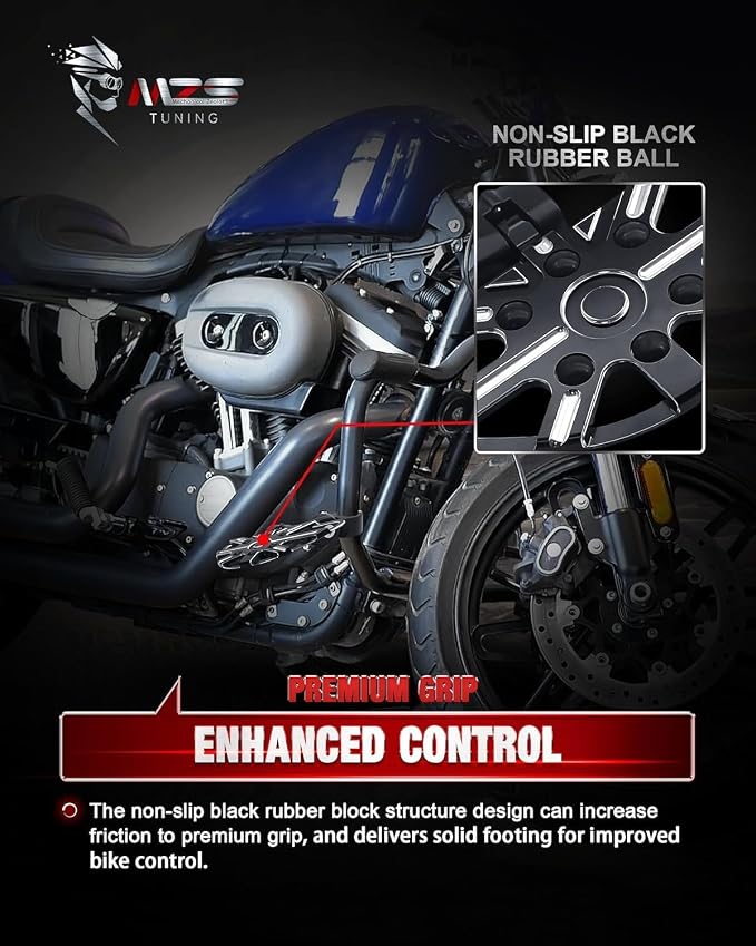 MZS Motorcycle Highway Pegs, 1.25" Adjustable Short Angled Wide Foot Peg Black Compatible with Softail Sportster Electra Road King Street Glide Vulcan VTX V Star Boulevard for 1 1/4 Engine Guards