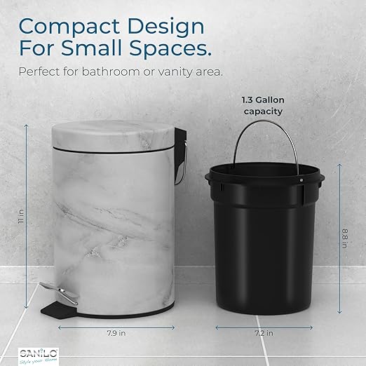 Sanilo Small Bathroom Trash Can with Lid [1.3 Gallon] - Lidded Tiny Trashcan for Garbage - Mini Metal Bin with Soft Closing Mechanism - Bath Room Accessoire Wastebin with Inner Bucket (Marble)