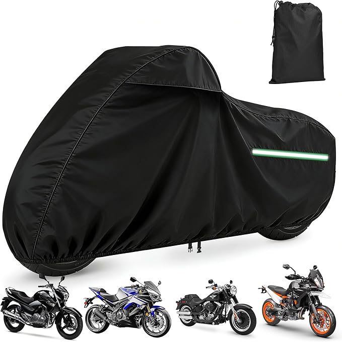 Motorcycle Cover, 420D Outdoor Storage Waterproof All Season Sun Protection Night Reflective with Adjustable Windproof Buckle Storage Bag Universal Fit up to 96.5" Motorbikes Vehicle Cover