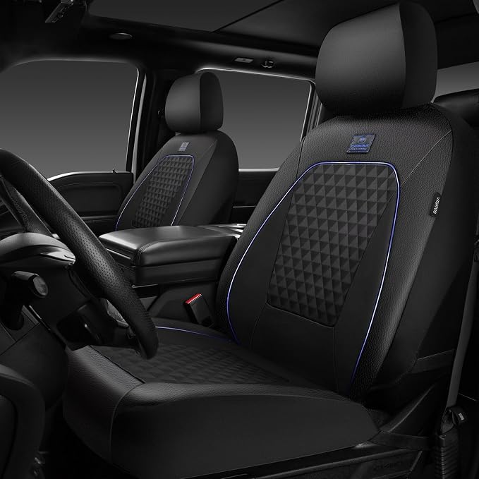 Outlet Leather Car Seat Covers Gel Wetsuit PU Front Seat Cover Waterproof EVA 2pcs All Weather Neoprene Universal Fit Pickup SUV Truck Sedan Automotive, Armrest Airbag Compatible, Rhombic Blue Strip