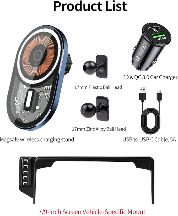 Wireless Charging Car Phone Holder for Honda HRV HR-V/CRV CR-V Hybrid 2023-2026, 7/9" Screen Fixed Clip, 360° Rotation Car Phone Mount Compatible with MagSafe