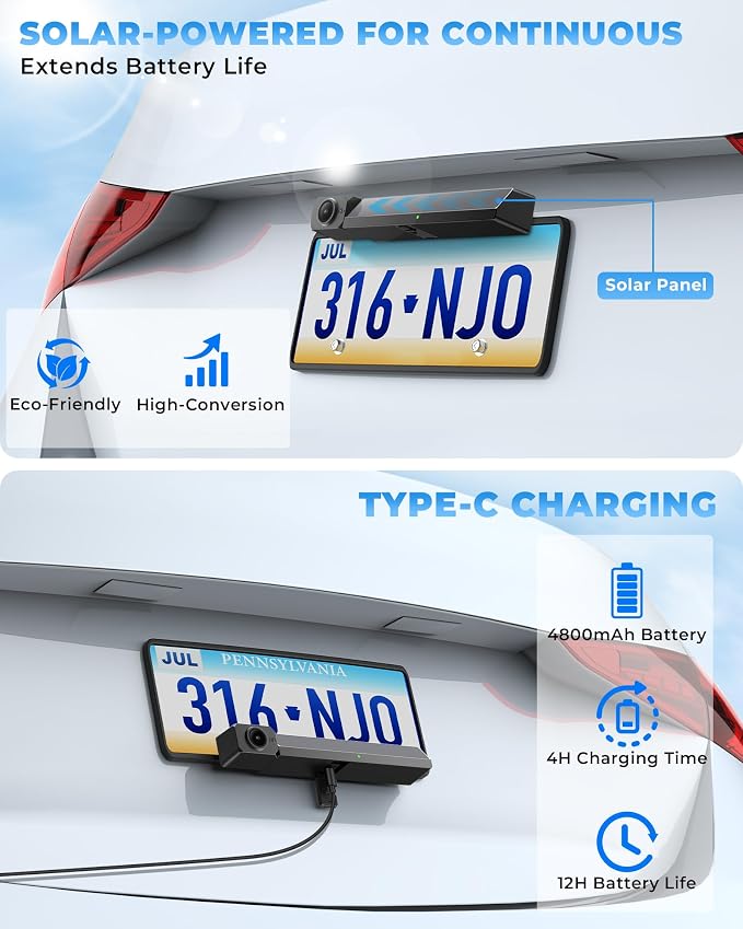 Solar Wireless Backup Camera, 5" 1080P DVR Monitor, 2-Min No-Wiring Installation Back Up Camera, 4800mAh Battery, Stable Signal, IP69K Waterproof Reverse Camera for Car, SUV, Pickup, Truck, Trailer