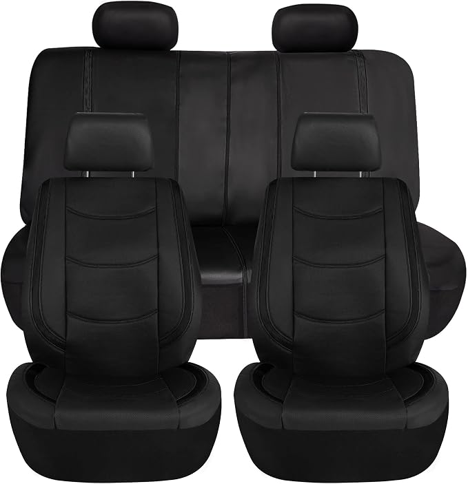 FH Group Galaxy13 Metallic Striped Deluxe Leatherette Car Seat Covers with Matching Carpet Floor Mats – Full Set, Universal Fit, Airbag Compatible for Cars, SUVs & Sedans, Black
