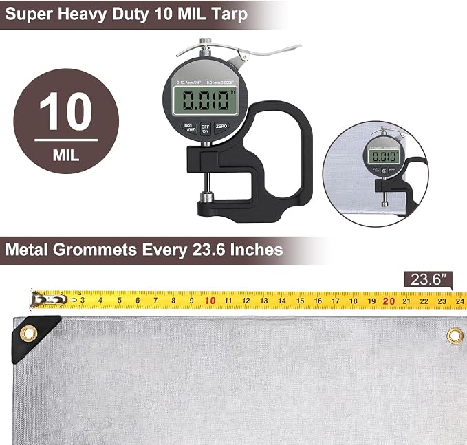 Tarp 10x12 Feet, 10 Mil Waterproof Tarps Heavy Duty with Grommets Every 23.6", Thick Plastic Tarp, UV Resistant Tear&Fade Resistant, Reinforced Edges for Outdoor Pool Camp Tent