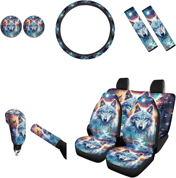 AFPANQZ Wolf Starry Sky Car Seat Covers Full Set 11 Pcs Front and Rear Bench Cushion with Steering Wheel Cover Seatbelt Pads Neoprene Handbrake and Gear Shift Knob Cover Decor Car Coasters