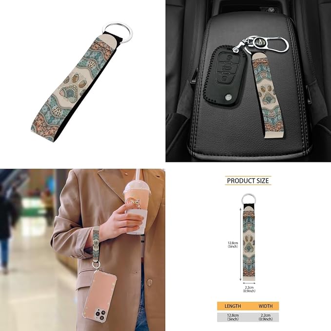 Boho Paw Print Auto Seat Covers Full Set, 10 Pcs Universal Fit Interior Accessories Decor Steering Wheel Cover Car Trash Bin Keychain Coasters Air Vent Storage Box for Women Men