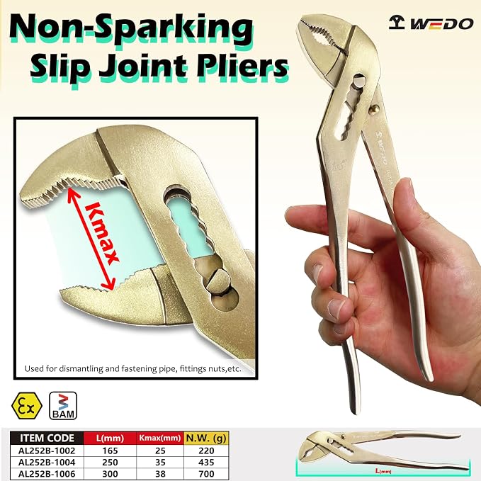 WEDO Non-Sparking Slip Joint Pliers, Spark-free Safety Water Pump Pliers, Length 300mm,Aluminum Bronze, 38mm Wide Opening Groove Joint Pliers,DIN Standard, BAM & FM Certificate