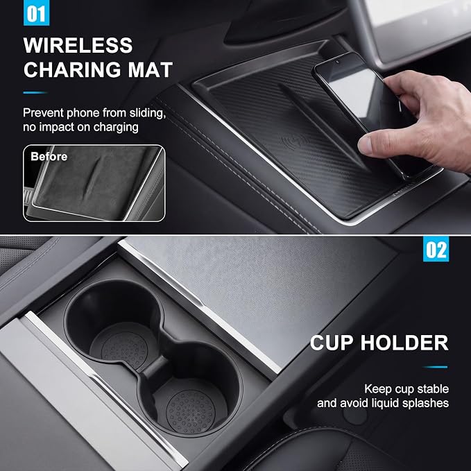 BBTO 8 Pcs Center Console Organizer Compatible with Tesla Model Y Juniper 2025 2026 Accessories Double Layer Center Console Tray Hidden Storage Box Charging Pad Cupholder Interior Storage Accessories