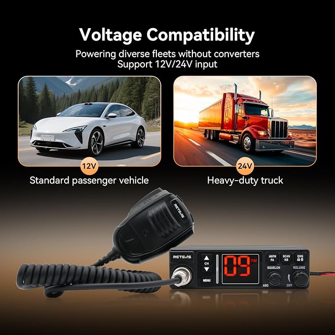 Retevis MB3A AM/FM CB Radio Kit with External Speaker, 40-Channel, Long Range Trucker Radio with Antenna, 12V/24V Cigarette Lighter, PA, Noise Limiter, Emergency Channels 9/19, Cooling System